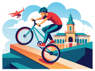 Fototapeta premium world bicycle day Young boy and girl doing mid-air stunt on BMX bike against sky, Hero's Square and Eiffel tower Budapest, Hungary