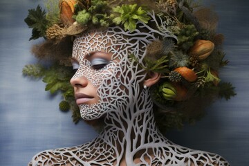 Artistic portrait of a woman adorned with natural elements and intricate body art