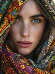 A close-up portrait of a woman with striking blue-green eyes and lightly freckled skin. Her gaze is intense and captivating, drawing the viewer's attention directly to her eyes. 