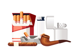 Cigarette in cardboard box with ashtray and cigar vector illustration isolated on white background