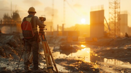 Fototapeta premium A construction worker is seen standing confidently in front of a camera, wearing a hard hat and safety gear.