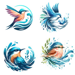 Very Beautiful highly detailed Bird Set watercolor vector illustration isolated on white background