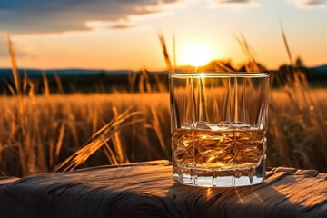 Barley field at sunset. In the foreground is a bottle of cognac or whiskey and a glass. AI generated.