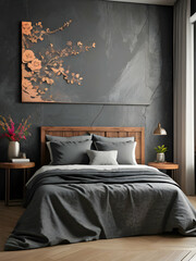 Bedroom interior rusty stone wall with floral framing and furniture