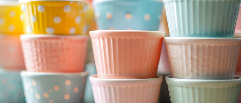 A stack of colorful mugs with polka dots and stripes. The mugs are arranged in a pyramid shape, with the bottom row being the largest and the top row being the smallest
