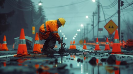 Construction workers are actively repairing a damaged city street early in the morning. Wearing safety gear and using tools, they work diligently surrounded by traffic cones and construction vehicles.