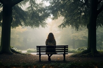 Lone person sits on a park bench surrounded by fog and towering trees, evoking a serene, contemplative mood
