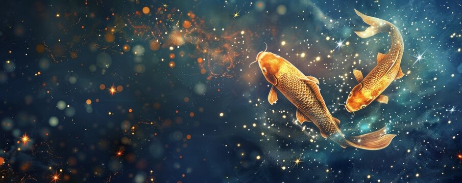 Pisces zodiac sign represented by two golden fish swimming in a starry galaxy