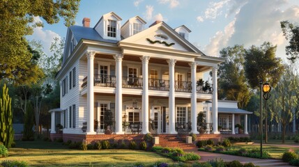 Suburban house with colonial design, inspired by the architecture of the old American colonies. generative ai