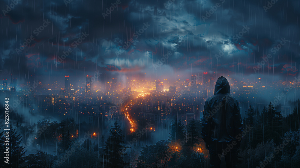 Wall mural Lofi Lo-fi hooded guy overlooking the scenery, a young guy with a hoodie, illustration, wallpaper, backdrop 16:9