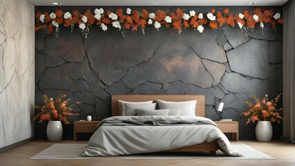 Bedroom interior rusty stone wall with floral framing and furniture