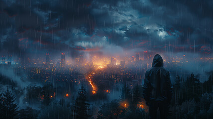 Fototapeta premium Lofi Lo-fi hooded guy overlooking the scenery, a young guy with a hoodie, illustration, wallpaper, backdrop 16:9