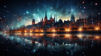Fototapeta premium A breathtaking sci-fi cityscape with a cathedral, reflecting on water with vibrant light connections above