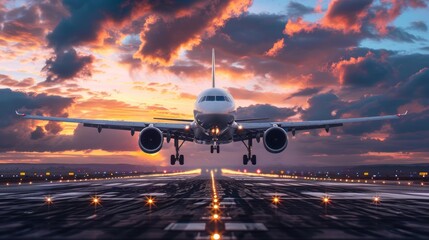 Close-up of airplane landing with dramatic sky and runway lights in the background