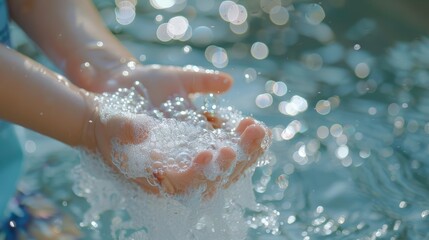 Fototapeta premium little kid hands wash with soap bubbles and rinse with clean water to prevent and stop the spread of germs after back to home, virus or covid19. Good health and good personal hygiene, virus, bacteria