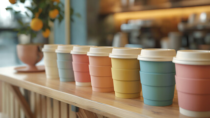 A trendy pastel colors coffee cup mock-up featuring different cup sizes. perfect for cafes and promotional materials.