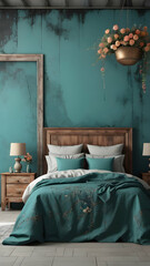 Bedroom interior rusty stone wall with floral framing and furniture