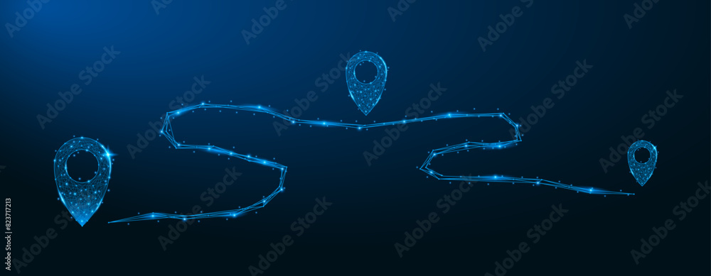 Leinwandbilder Map location pointers, low poly design. Map pin or navigation pointer with route or way. Low poly wireframe navigation pointer that mark geolocation. Vector illustration.