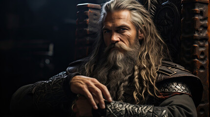 An impressive cinematic portrait of a mythic ancient Nordic king on his throne, with elaborate costume and thoughtful expression