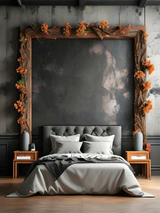 Bedroom interior rusty stone wall with floral framing and furniture