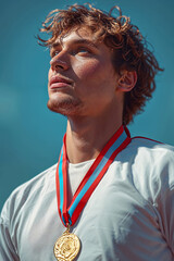 Portrait of an athlete with gold medal, firtst place sport award with ribbon, winner prize. 