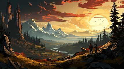 Two hikers admire a breathtaking mountain landscape with a river and autumn foliage under a sunset sky
