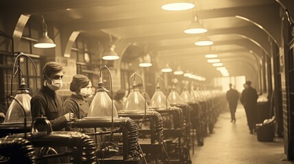 The image showcases an old-fashioned factory setting with workers and sewing machines, captured in sepia tones to evoke a historical feel