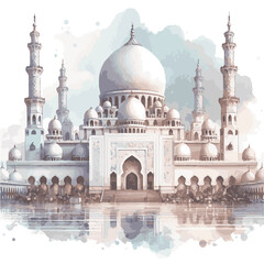 Very Beautiful highly detailed white Mosque watercolor vector illustration isolated on white background