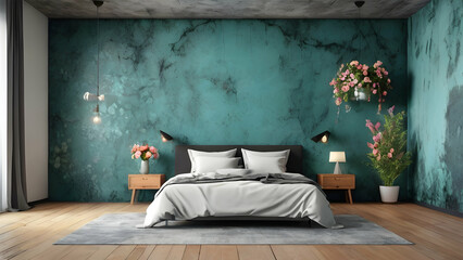 Bedroom interior rusty stone wall with floral framing and furniture