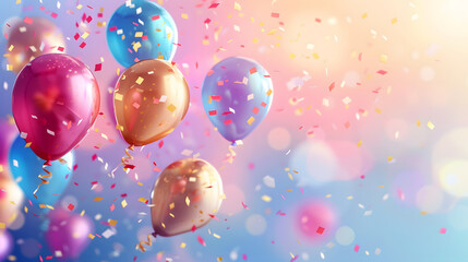 Colorful balloons and confetti on a blurred background for a celebration or party, birthday concept. Stock photo with space for text