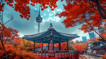 Obraz premium Dramatic viewpoint of an Oriental pagoda framed by intense red autumn leaves against a bright, overcast sky with a distant tower.