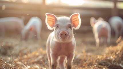 Curious piglet standing in a barn with a herd in the background. - Powered by Adobe