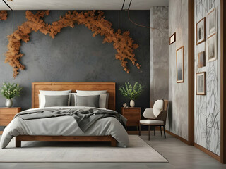Bedroom interior rusty stone wall with floral framing and furniture