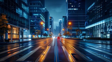 Obraz premium An empty urban street is shown at night, with bright streetlights lining the road. 