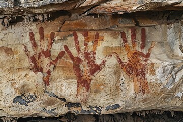 An ancient cave painting of human handprints on an australian outback rock wall, in red and brown hues