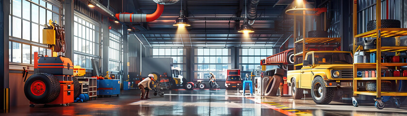Fototapeta premium City Maintenance Garage Floor: Featuring city vehicles, maintenance equipment, storage racks, and workers maintaining municipal infrastructure