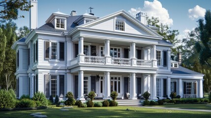 Fototapeta premium Suburban house with colonial design, inspired by the architecture of the old American colonies. generative ai