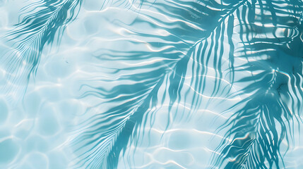 Top view of light blue water ripples with palm leaf shadow on concrete background, banner design,...