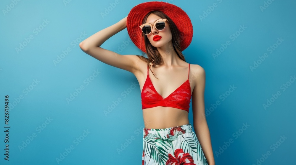 Wall mural A woman in a red bikini and a red hat poses for the camera