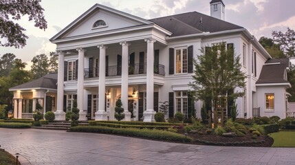 Fototapeta premium Suburban house with colonial design, inspired by the architecture of the old American colonies. generative ai