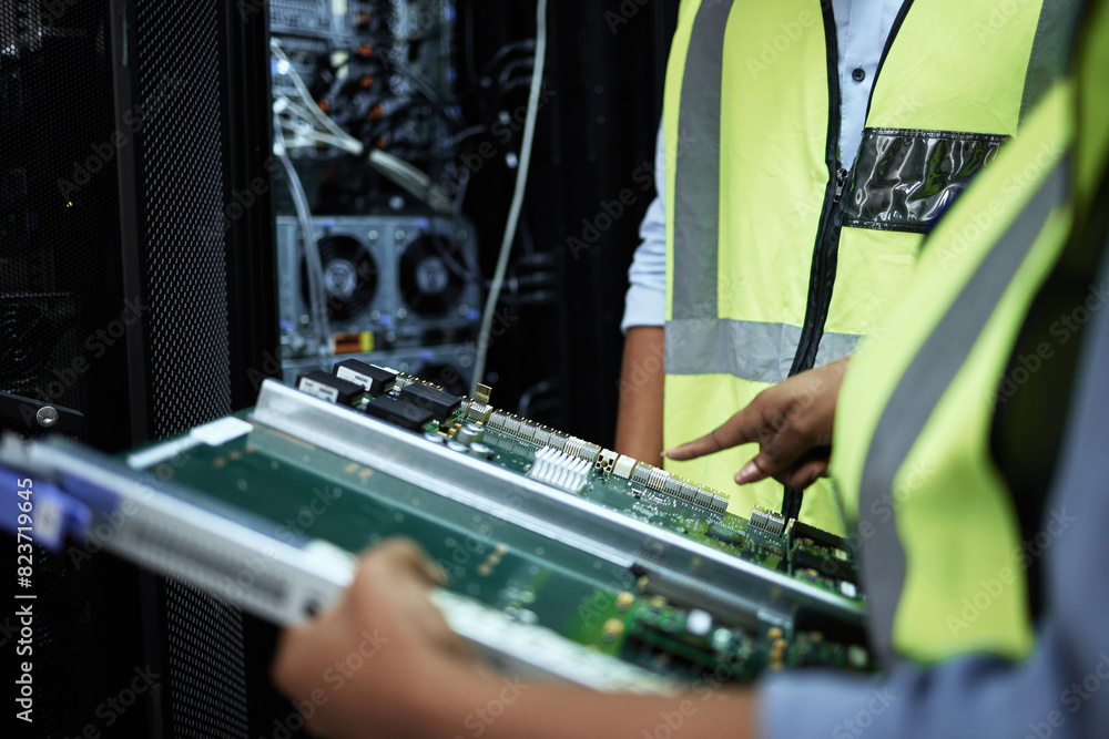 Poster IT technician, hands and maintenance in server room for working, programming and installation of motherboard for data. People, engineer and technology for repair or fixing, hardware and configuration