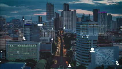 Hyperlapse of Asian cityscape with digital data overlays, showcasing urban analytics in a bustling metropolis through augmented reality view - Powered by Adobe