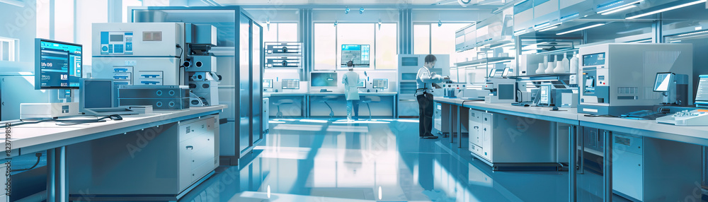 Poster tech research and development lab floor: showing advanced technology equipment, prototype models, an