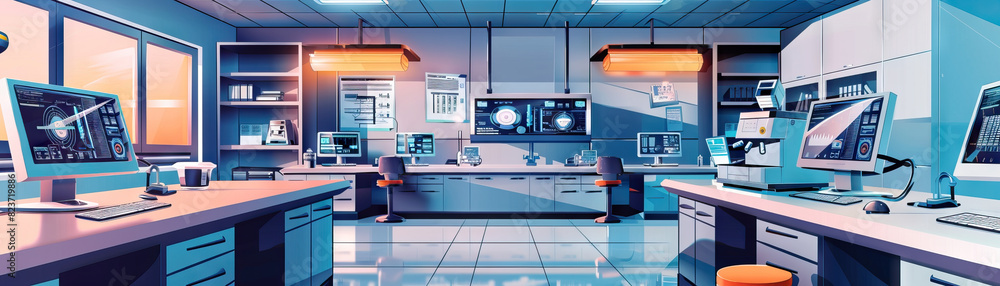 Poster tech research and development lab floor: showing advanced technology equipment, prototype models, an