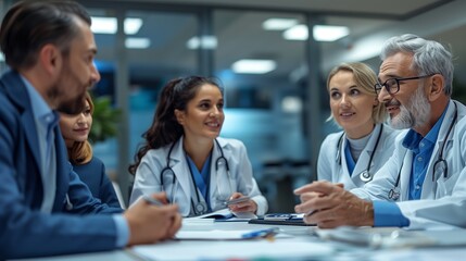 A group of doctors and medical staff engage in a collaborative team discussion at a hospital conference room during the evening.