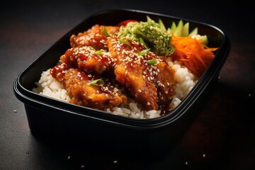 Delicious fried chicken in a bento box against a polished cement background