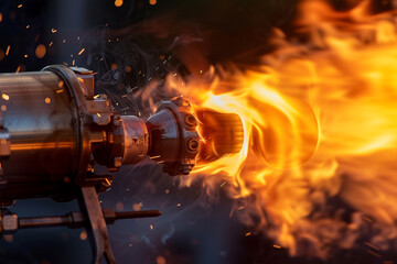 Close-up of a rocket engine nozzle during a test firing, capturing the flame and engineering complexity
