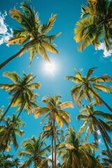 swaying tropical palm trees against a clear blue sky create a serene and tranquil summer paradise vacation setting