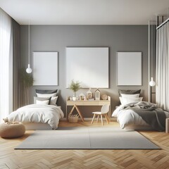 Modern and serene children's bedroom with stylish wooden bunk beds and soft, cozy lighting
