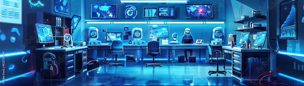 Poster tech research and development lab floor: showing advanced technology equipment, prototype models, an